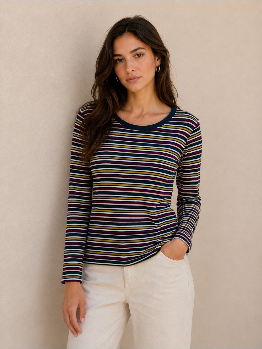Eddie Bauer Striped Long-Sleeve Top in Navy, Cream, Olive, Burgundy